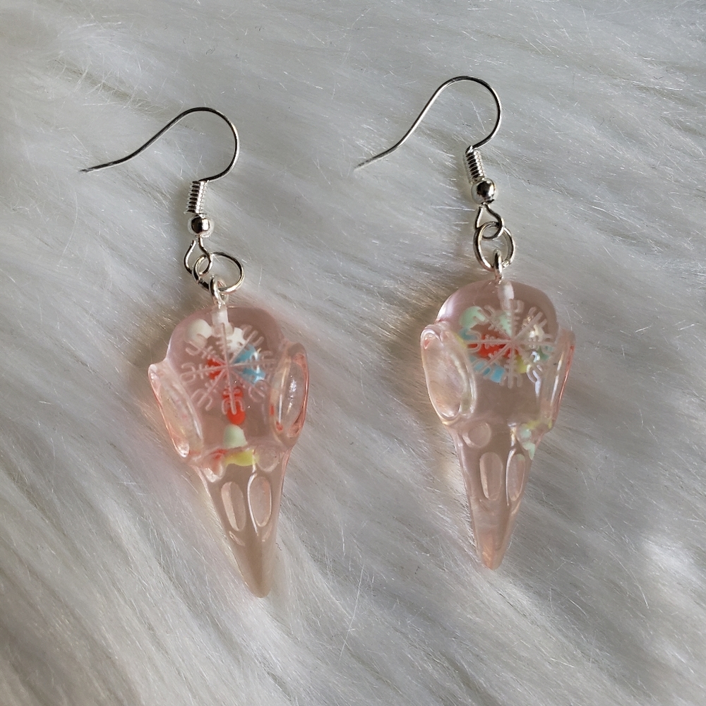 Pink Raven Skull Acrylic Earrings - Picture 2 of 3